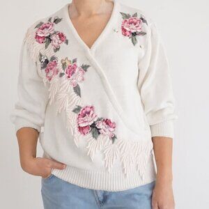 Vintage White Cotton Blend Embroidered Pink Floral Pearl Wrap Sweater L